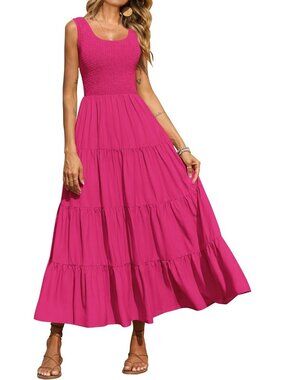 Women's Dress Maxi Rose Red Polyester Scoop Neck Short Vacation Casual Summer
